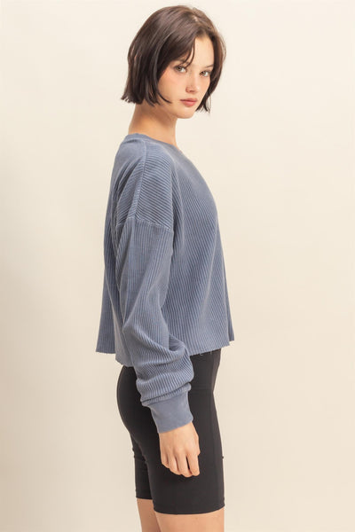 sweet applause mineral wash waffle knit top | dusty navy