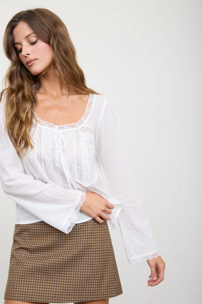 take it outside front tie lace trim top | white