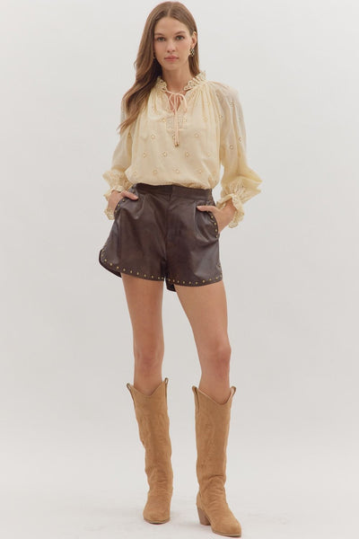always the answer leather studded shorts | brown