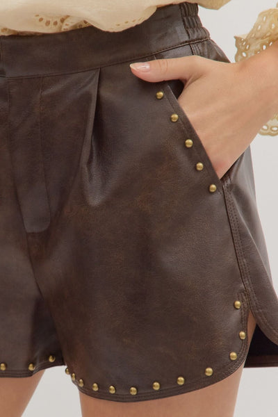 always the answer leather studded shorts | brown