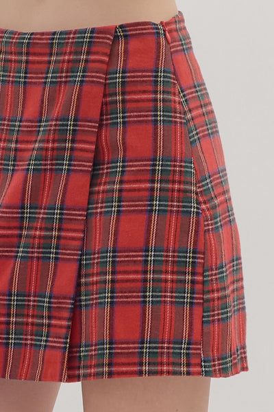 under the tree plaid wrap skort | red