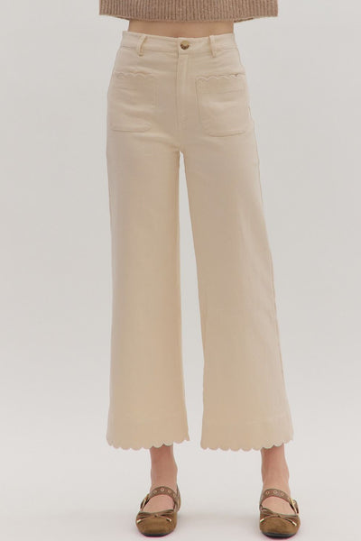 lacy high rise wide leg scallop hem pants | ecru