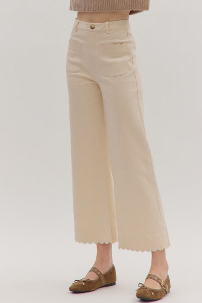 lacy high rise wide leg scallop hem pants | ecru