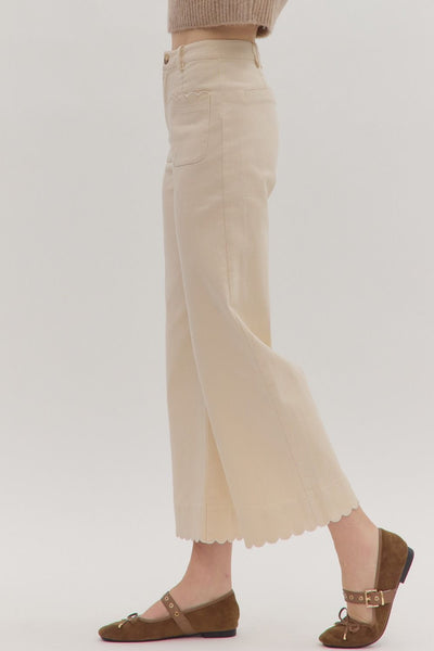 lacy high rise wide leg scallop hem pants | ecru