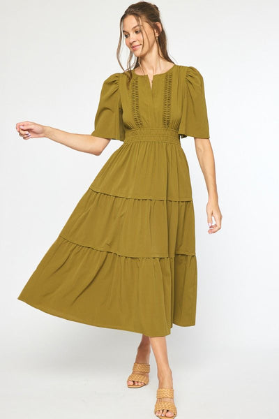 point taken smock waist tiered maxi | martini olive