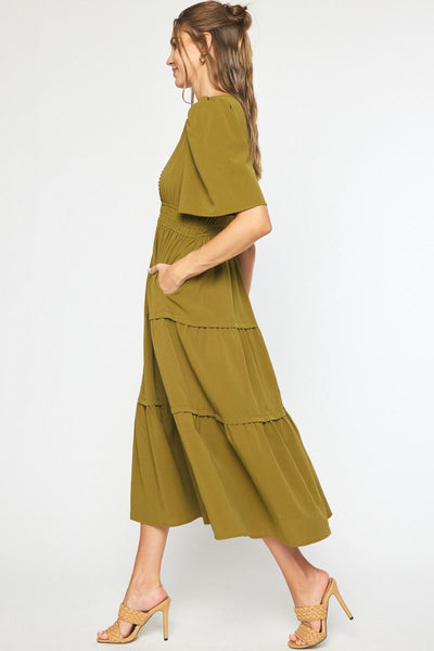 point taken smock waist tiered maxi | martini olive