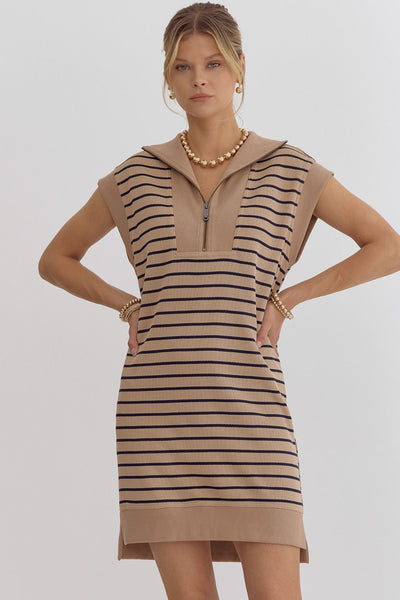 press release ribbed mini dress | taupe + navy