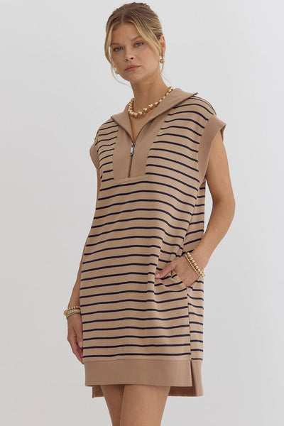 press release ribbed mini dress | taupe + navy