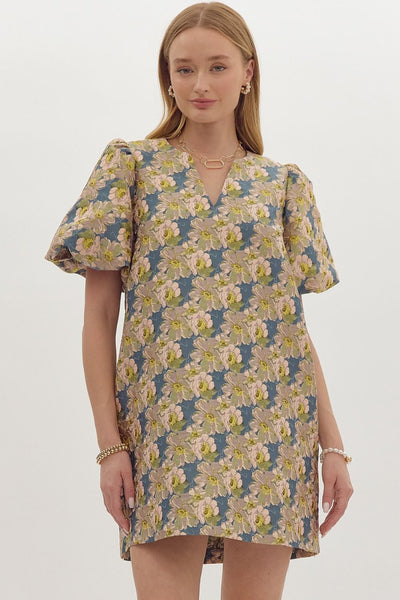 enchanted elegance floral print jacquard dress | slate