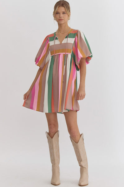 sunset sorbet bubble sleeve babydoll dress | multi