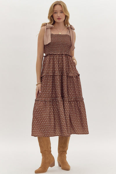 delicate flutter tiered midi dress | brown