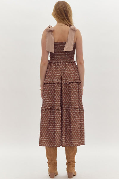 delicate flutter tiered midi dress | brown