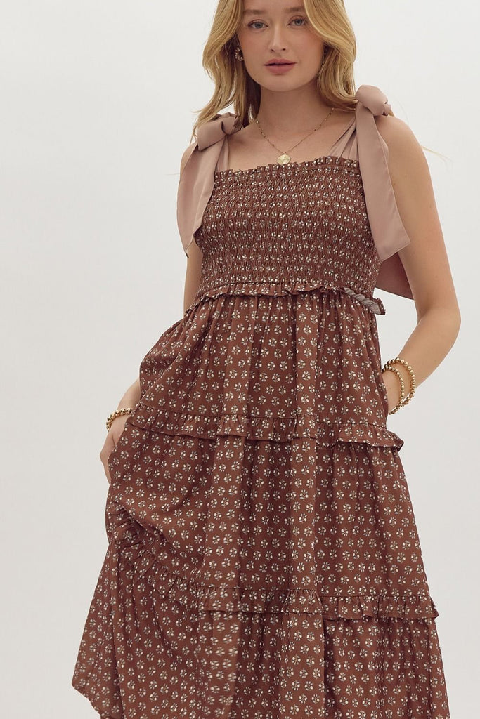 delicate flutter tiered midi dress | brown Me & Maude delicate flutter tiered midi dress | brown Me & Maude