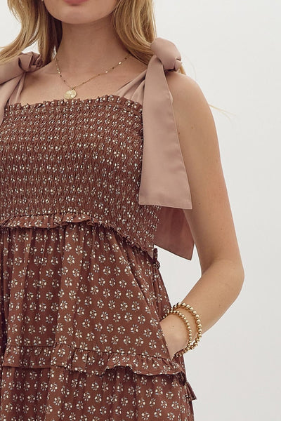delicate flutter tiered midi dress | brown