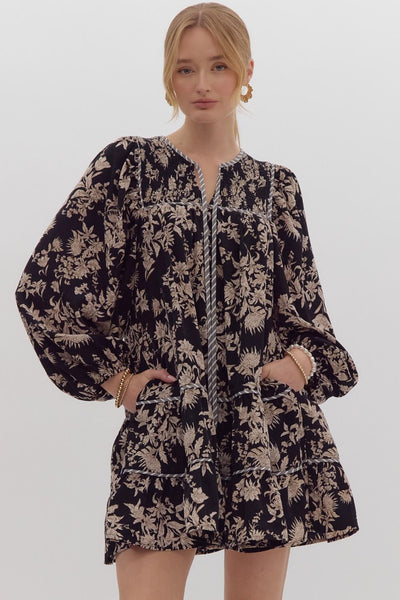 forever classic long sleeve floral dress | black