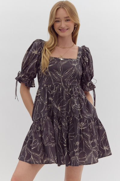 structured charm printed puff sleeve dress | charcoal