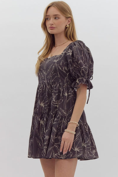 structured charm printed puff sleeve dress | charcoal