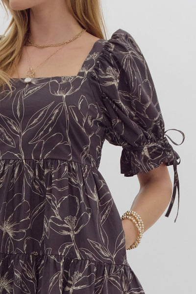 structured charm printed puff sleeve dress | charcoal