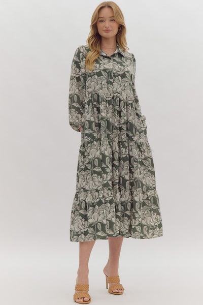 whispering pines floral midi dress | hunter green