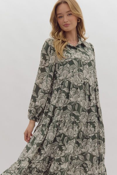 whispering pines floral midi dress | hunter green