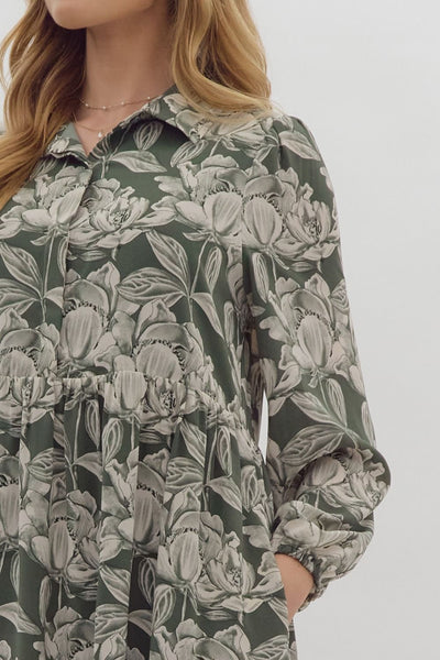 whispering pines floral midi dress | hunter green