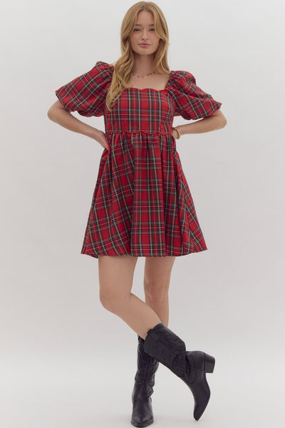 holiday enchantment plaid mini dress | red