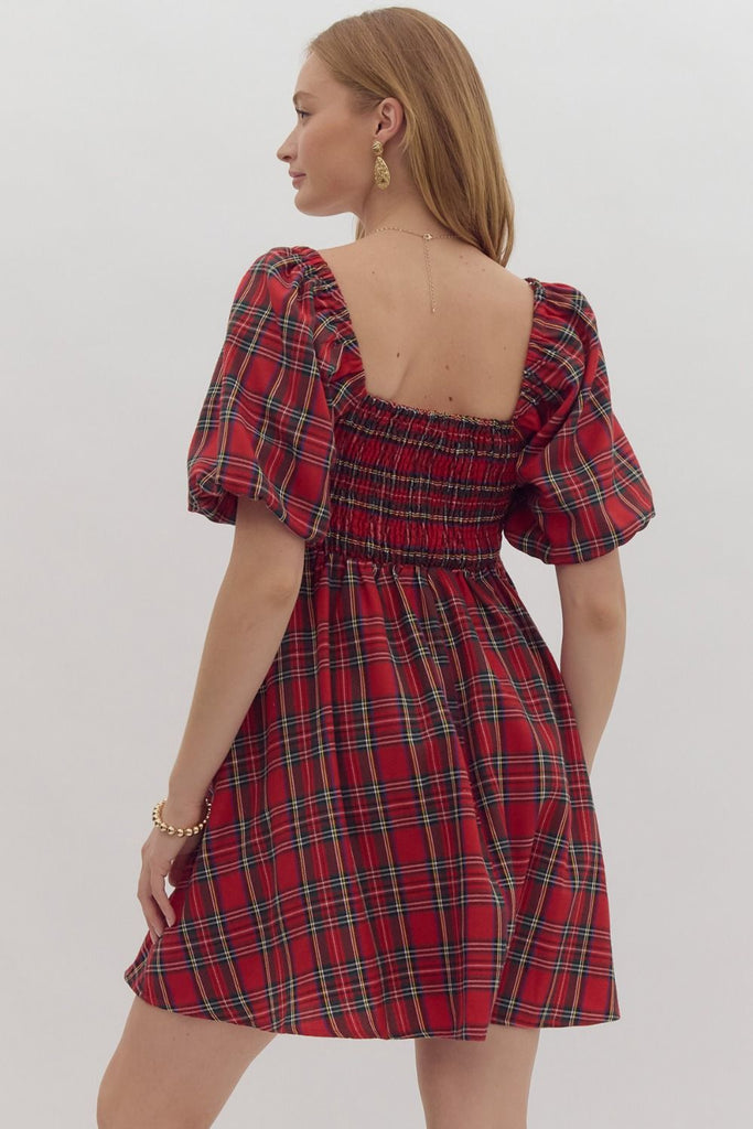 holiday enchantment plaid mini dress | red  Me & Maude