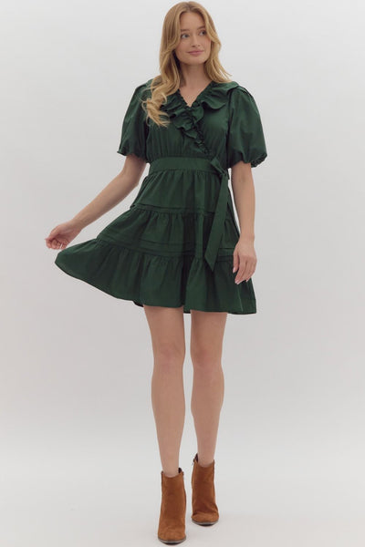 ties to you ruffled mini wrap dress | hunter green