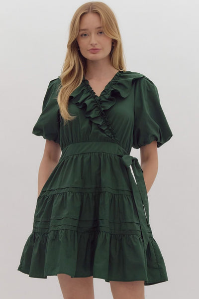 ties to you ruffled mini wrap dress | hunter green