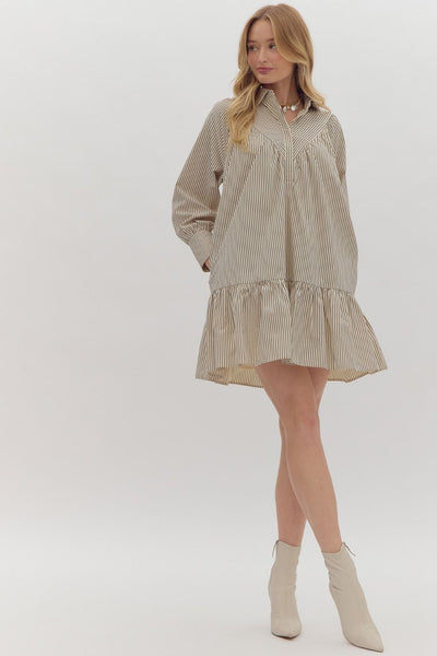 fall into place stripe long sleeve shirt dress | charcoal