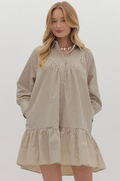 fall into place stripe long sleeve shirt dress | charcoal