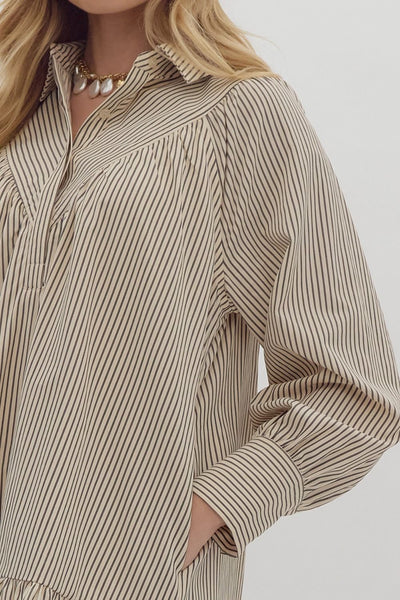 fall into place stripe long sleeve shirt dress | charcoal