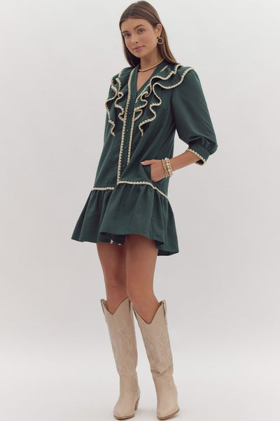 season of joy ruffled mini dress | hunter green