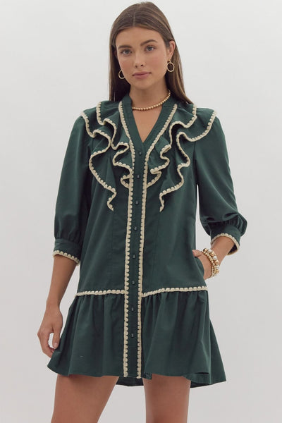 season of joy ruffled mini dress | hunter green
