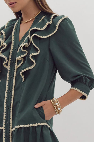 season of joy ruffled mini dress | hunter green