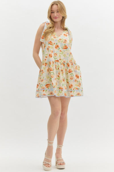catching the sunset floral ruffle skirt mini dress | ecru