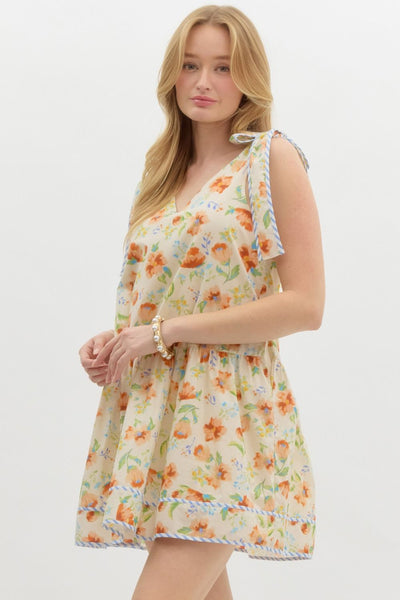 catching the sunset floral ruffle skirt mini dress | ecru
