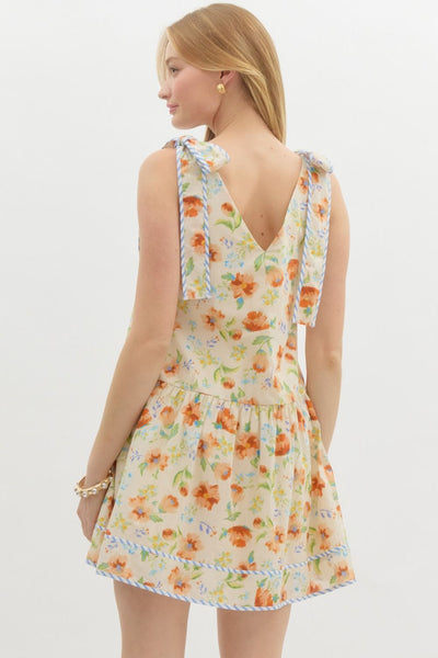 catching the sunset floral ruffle skirt mini dress | ecru
