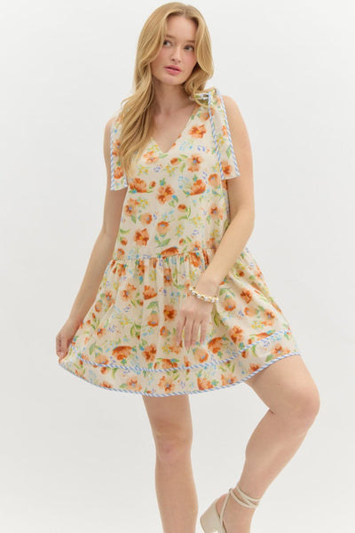 catching the sunset floral ruffle skirt mini dress | ecru