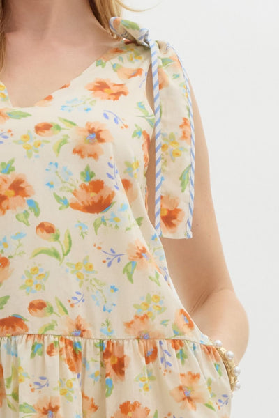 catching the sunset floral ruffle skirt mini dress | ecru