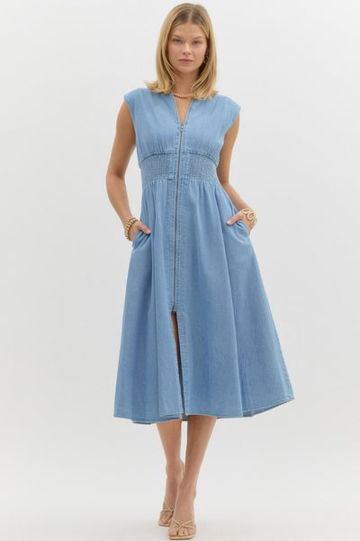 chasing that feeling denim midi dress | lt blue