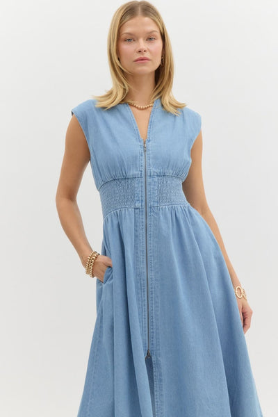 chasing that feeling denim midi dress | lt blue