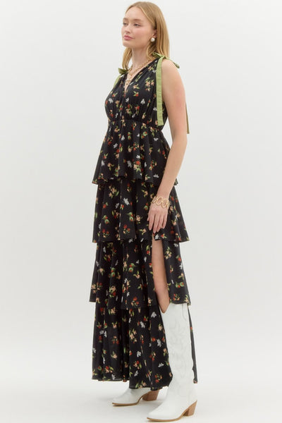 enchanted bloom tiered floral maxi dress  | black