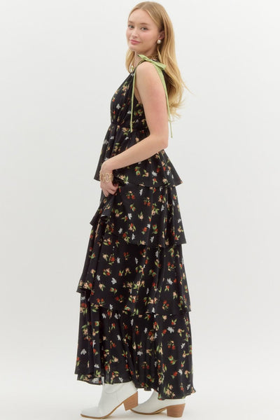 enchanted bloom tiered floral maxi dress  | black