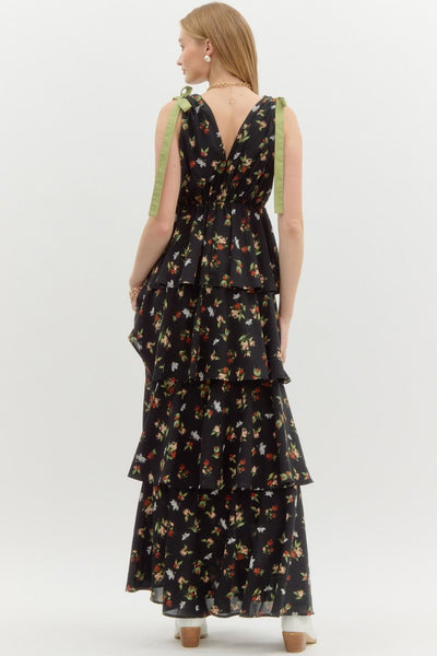 enchanted bloom tiered floral maxi dress  | black
