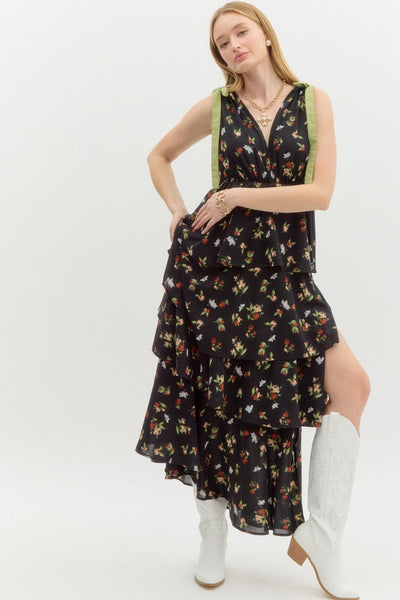 enchanted bloom tiered floral maxi dress  | black