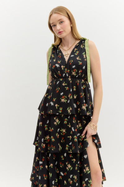 enchanted bloom tiered floral maxi dress  | black