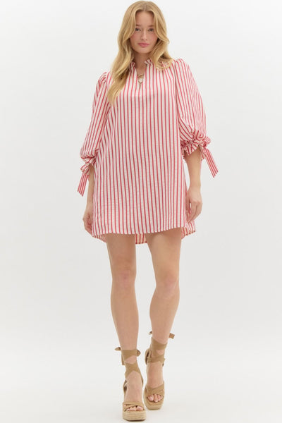 terrific timing striped seersucker dress | red