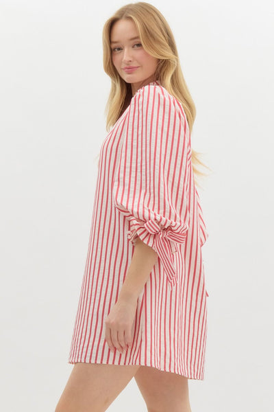 terrific timing striped seersucker dress | red