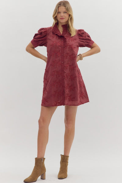 easy to admire floral applique front button dress | burgundy